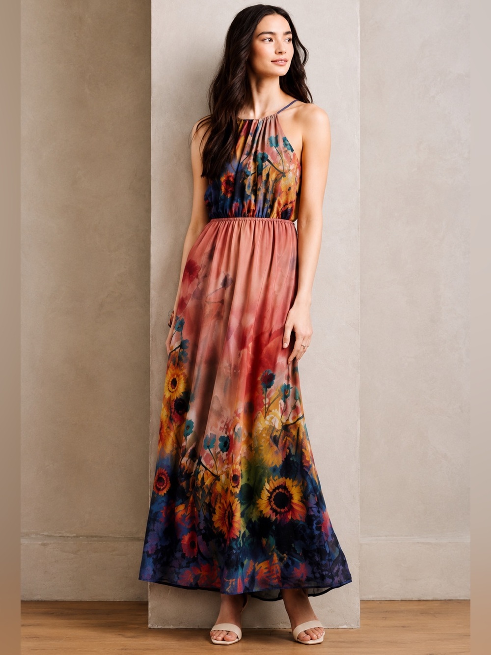 Anthropologie Brand Label Sunset Garden Maxi Dress XS Boho Sleeveless Watercolor